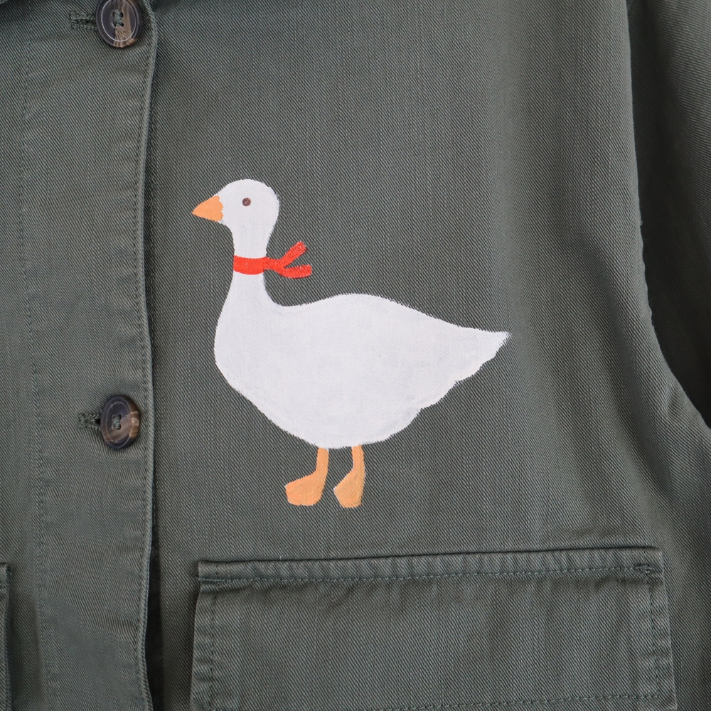 Hand Painted Olive Utility Jacket Rose Goose Patchwork Quilt Star L • XL • 2XL - Picture 9 of 13